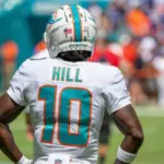 Tyreek Hill (10) (Miami Dolphins starting WR) stands on the sideline during pregame warmup. Miami Dolphins vs. NY Giants at HardRock Stadium. Miami Gardens^ FLUSA - October 08^ 2023