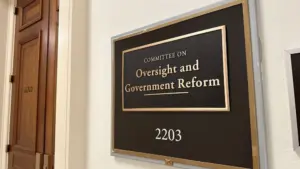 WASHINGTON - APRIL 2^ 2025: Committee on Oversight and Government Reform 2203 sign an entrance exterior at house office building