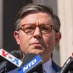 US House Speaker Mike Johnson speaks during a press briefing at Columbia University in New York on April 24^ 2024.