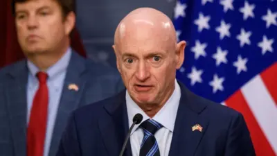 Mark Kelly^ US Senator. Delegation of senators and congressmen^ during press briefing after meeting with Evika Silina^ Prime Minister of Latvia. RIGA^ LATVIA. 30th August 2024