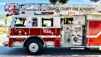 Orange County Fire Authority paramedic truck parked alongside the road. Seal Beach^ California USA SEAL BEACH CALIFORNIA - FEB. 27^ 2022