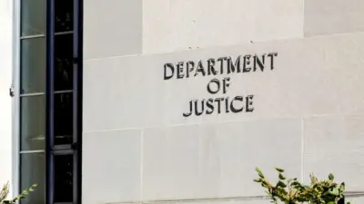 Sign of United States Department of Justice(DOJ) on their headquarters building in Washington^ D.C. USA. Washington D.C.^ USA - March 1^ 2020