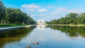 World famous Lincoln Memorial reflected in the water under a cloudy sky. Washington D.C.^ USA