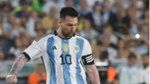 Lionel Messi from Argentina National Team shoots at goal during the match between Argentina National Team vs. Panamá National Team. Ciudad Autonoma de Buenos Aires^ Argentina^ 23^ March^ 2023
