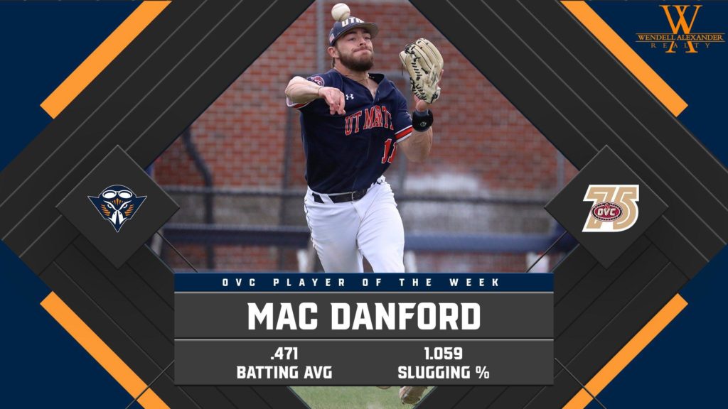 UT Martin Baseball Player Mac Danford Named OVC Player of the Week
