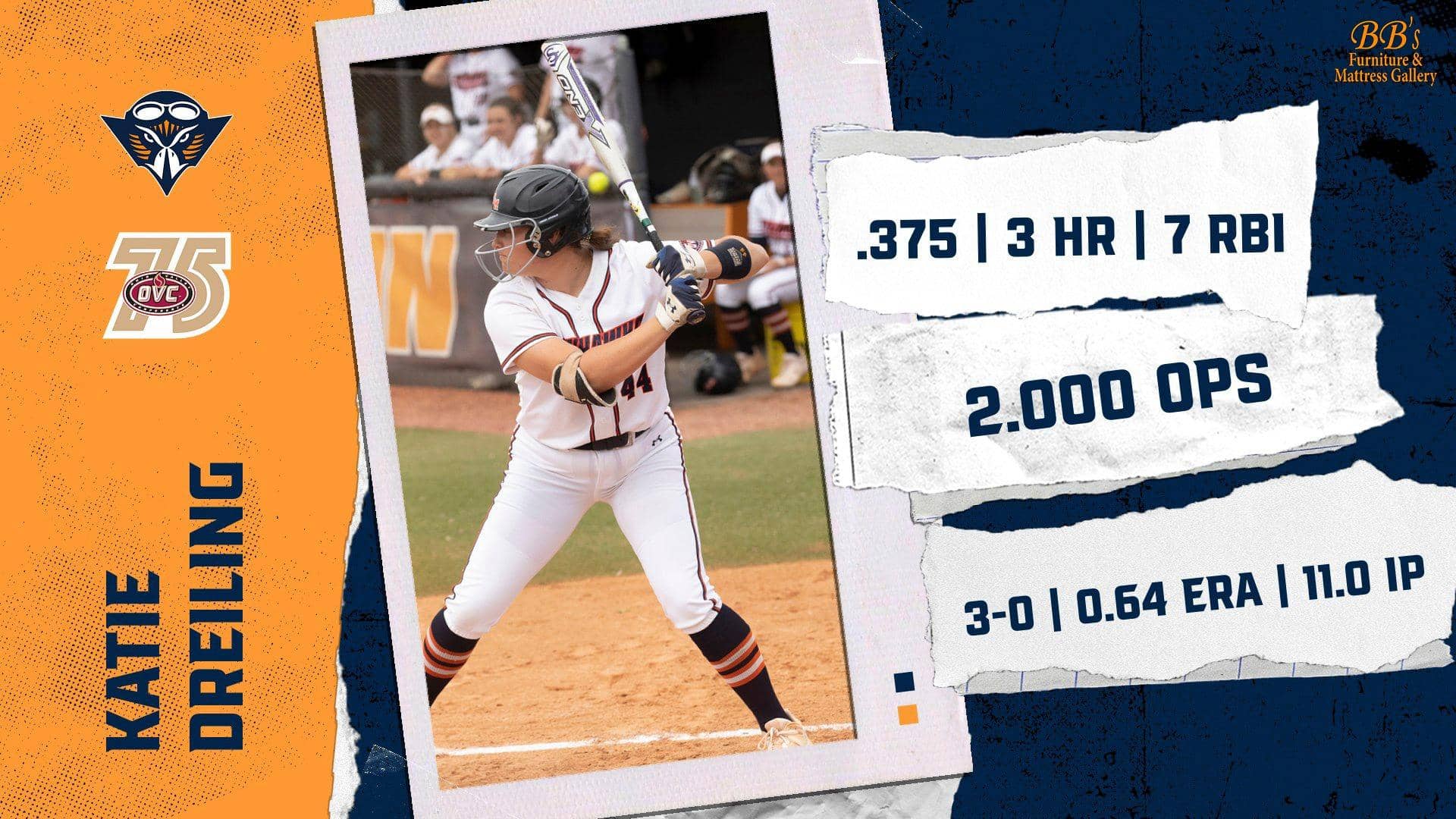 UT Martin Softball's Katie Dreiling Named OVC Softball Player of the