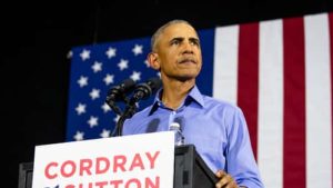 Former President Barack Obama speaks during a campaign rally for Ohio Gubernatorial candidate Richard Cordray at CMSD East Professional Center Gymnasium on September 13, 2018 in Cleveland, Ohio. Cordray, who served under Obama as the director of the Consumer Financial Protection Bureau, is one of the first candidates that Obama is campaigning for.