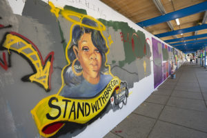 A mural for Breonna Taylor is painted on a construction fence near the White House in Washington, D.C., U.S., on Sunday, June 14, 2020. Atlanta Police Chief Erika Shields resigned Saturday after an officer fatally shot a black man the night before in a Wendy's parking lot.