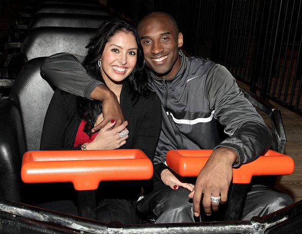 NBA MVP Kobe Bryant (right) and wife Vanessa Bryant (left) on Terminator Salvation - The Ride at Six Flags Magic Mountain on June 28, 2009 in Valencia, California.