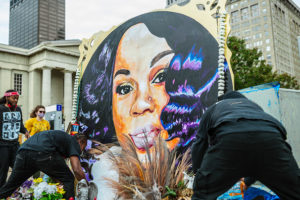 Demonstrators maintain the decorations around the Breonna Taylor memorial in Jefferson Square Park on September 30, 2020 in Louisville, Kentucky. Jefferson Square Park has remained the epicenter for Black Lives Matter protest action following the March 13th killing of Breonna Taylor by police during a no-knock warrant at her apartment.