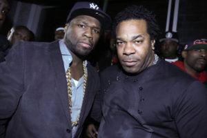 NEW YORK, NY - MARCH 26: (L-R) 50 Cent and Busta Rhymes attend the Mobb Deep Album Release Party at Red Bull Studios New York on March 26, 2014 in New York City.
