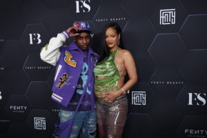 LOS ANGELES, CALIFORNIA - FEBRUARY 11: ASAP Rocky and Rihanna pose for a picture as they celebrate her beauty brands Fenty Beauty and Fenty Skinat Goya Studios on February 11, 2022 in Los Angeles, California.