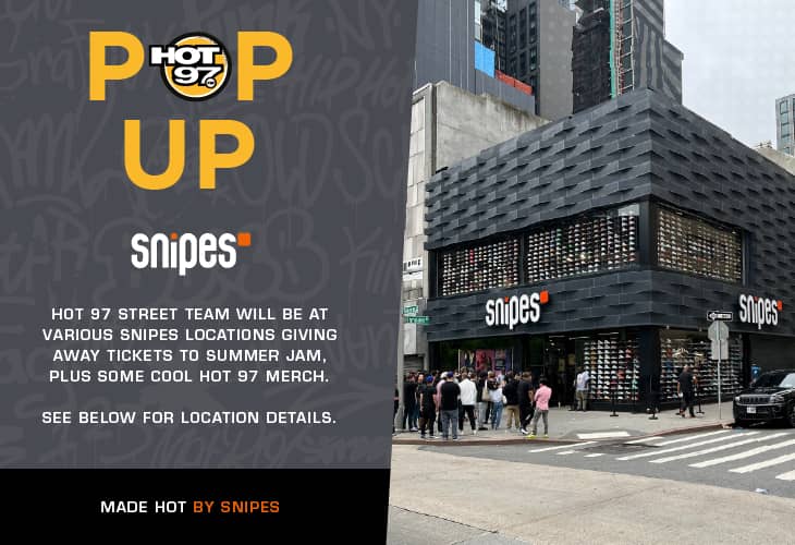Join DJ E-Juanyto the HOT 97 Street Team at Snipes on 161-01 Jamaica Ave in Queens on Friday, June 10th from 4pm to 6pm! Come by for live music, free branded merch, and your chance to win Summer Jam 2022 tickets!