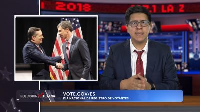 Chuntillo sits behind a desk with Ted and Beto on a screen next to him,