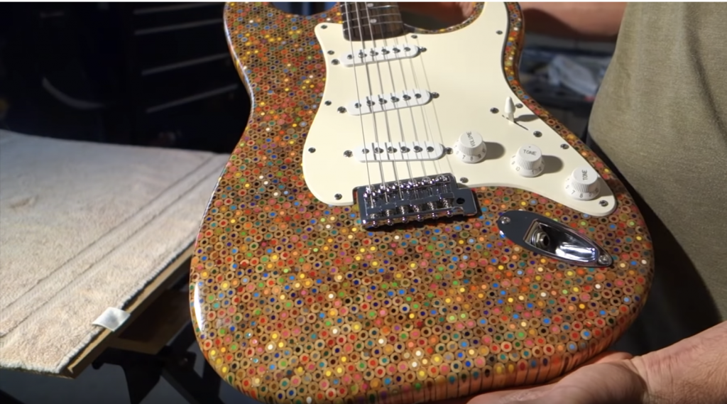 Electric guitar made of colored pencils