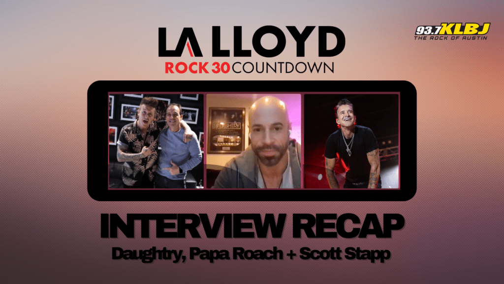 LA LLOYD Rock 30 header image with pictures of recent guests to the podcast: Chris Daughtry, Scott Stapp, and Jacoby Shaddix (Papa Roach) 2024