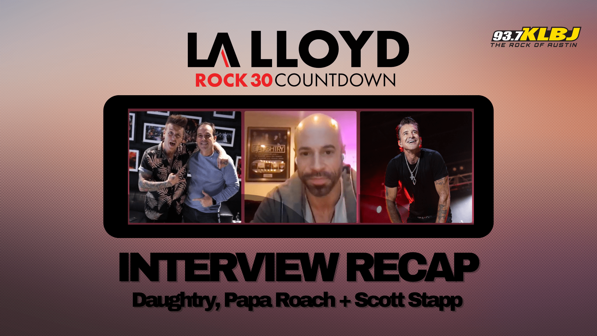LA LLOYD Rock 30 header image with pictures of recent guests to the podcast: Chris Daughtry, Scott Stapp, and Jacoby Shaddix (Papa Roach) 2024