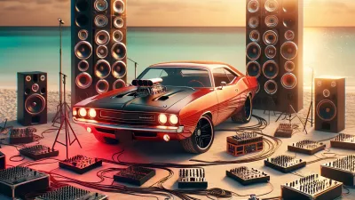 an AI Generated image of a muscle car on the beach, surrounded by music gear.