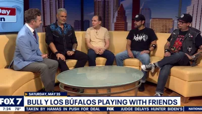 Screen capture from FOX78 Austin video with LA lloyd + Bull Diego + Pennyrock Productions