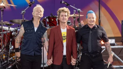 rock group Green Day (Mike Dirnt^ Billie Joe Armstrong^ Tre Cool) at ABC Good Morning America concert in Central Park in New York on July 26^ 2024