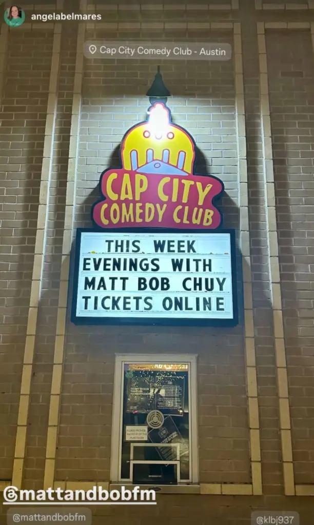 angela belmares tags klbj and matt & bob on an Instagram photo of the Cap City Comedy marquee 2025 december
