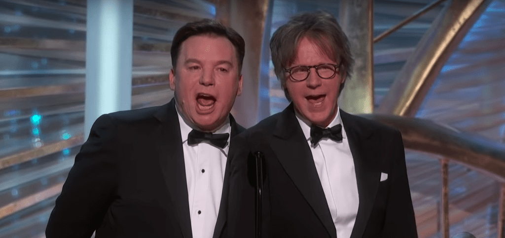 Mike Myers and Dana Carvey onstage