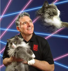 Evan On Air - pictured with cats and lasers