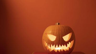 Pumpkin with scary carved face