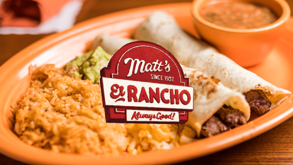 Matt's El Rancho Logo over picture of delicious enchiladas