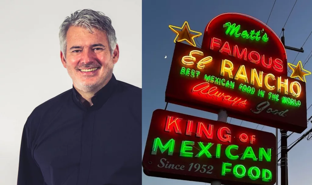 Evan S. Headshot and a photo of Matt's El Rancho's restaurant sign