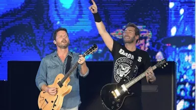 Guitarists Chad Kroeger and Ryan Peake of Canadian rock band Nickelback during a concert at Rock in Rio 2019 in Rio de Janeiro. October 6^ 2019.