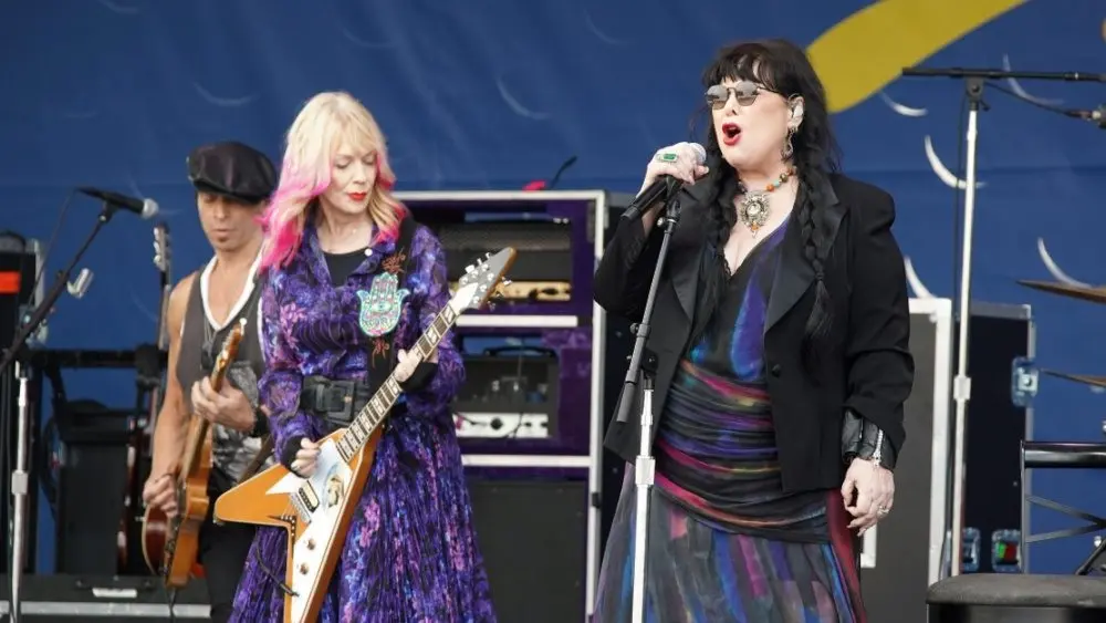 Heart's Ann and Nancy Wilson perform onstage at the 2024 New Orleans Jazz Heritage Festival at Fair Grounds Race Course on April 28^ 2024 in New Orleans Louisiana.