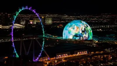 Las Vegas^ Nevada^ USA - November 7th^ 2023: MSG Sphere and High Roller illuminated at night