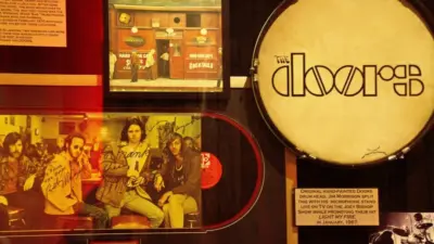 Music Memories Behind The Glass at Hard Rock Hotel Las Vegas.Display of original hand painted the Doors drum head. Las Vegas^NV/USA - 31 Oct^2014