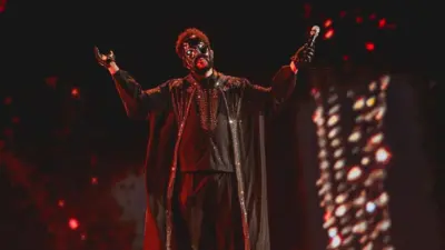The Weeknd performs on stage at Lincoln Financial Field during the "After Hours til Dawn Stadium Tour." Philadelphia^ PA USA - July 30^ 2025