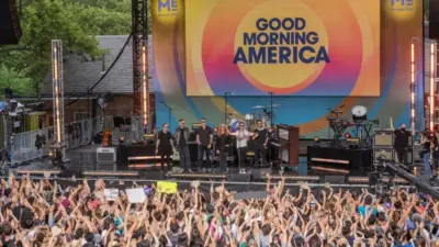 Members of pop rock band One Republic pose on stage after ABC Good Morning America summer concert at Central Park New York^ NY - July 15^ 2022