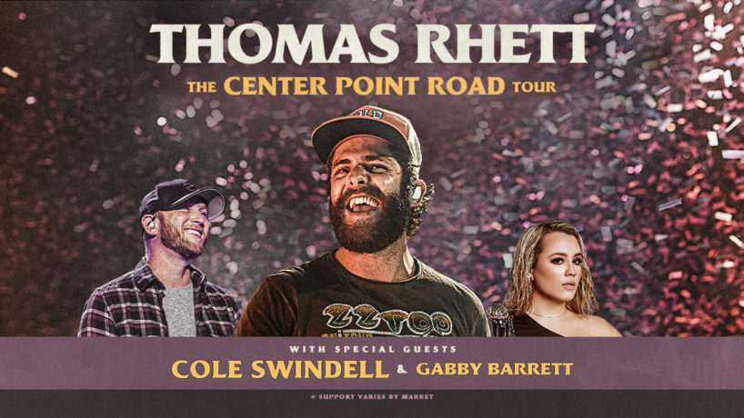 Thomas Rhett Center Point Road Graphic with him in the center and his two special guests, Cole Swindell and Gabby Barrett on the sides of him