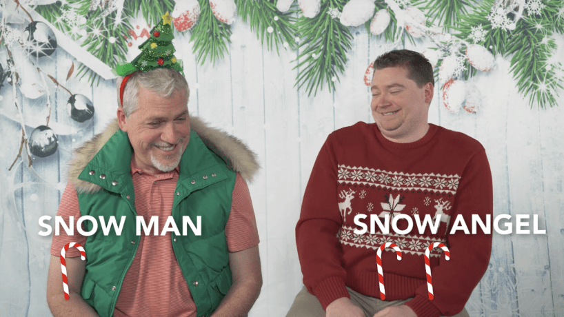 Dave O'Brien and Casey dressed in holiday outfits answering snow man or snow angel poll question