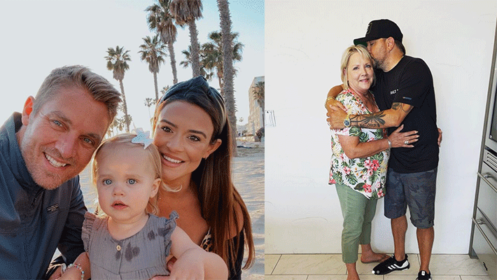 Brett Young with his wife and Daughter & Jason Aldean with his mom