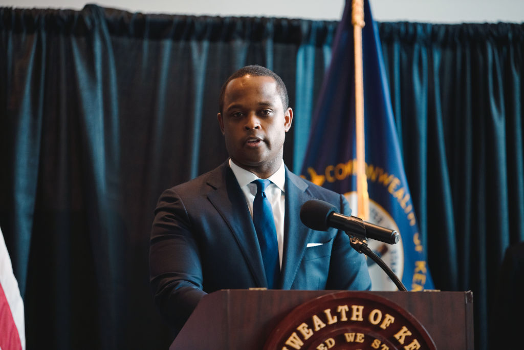 FRANKFORT, KY - SEPTEMBER 23: Kentucky Attorney General Daniel Cameron speaks during a press conference to announce a grand jury's decision to indict one of three Louisville Metro Police Department officers involved in the shooting death of Breonna Taylor on September 23, 2020 in Frankfort, Kentucky. Former Louisville Metro Police Officer Brett Hankison has been charged with wanton endangerment for shooting into neighboring apartments during the execution of a fatal raid on Taylor's apartment on March 13, 2020.