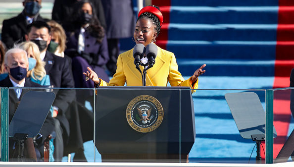 WASHINGTON, DC - JANUARY 20: Youth Poet Laureate Amanda Gorman speaks at the inauguration of U.S. President Joe Biden on the West Front of the U.S. Capitol on January 20, 2021 in Washington, DC. During today's inauguration ceremony Joe Biden becomes the 46th president of the United States.