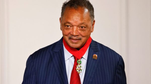 Veteran American civil rights activist Reverend Jesse Jackson looks after being awarded with the Legion of Honour by French President at the Elysee Palace in Paris on July 19, 2021.