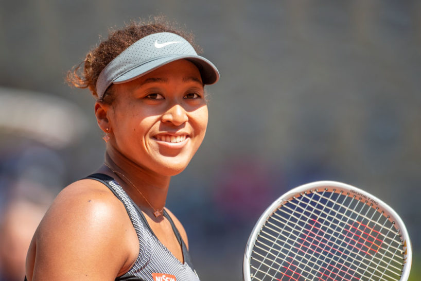 PARIS, FRANCE May 30. Naomi Osaka of Japan celebrated a point against Patricia Maria Tig of Romania in the first round of the Women"u2019s Singles competition on Court Philippe-Chatrier at the 2021 French Open Tennis Tournament at Roland Garros on May 30th 2021 in Paris, France.