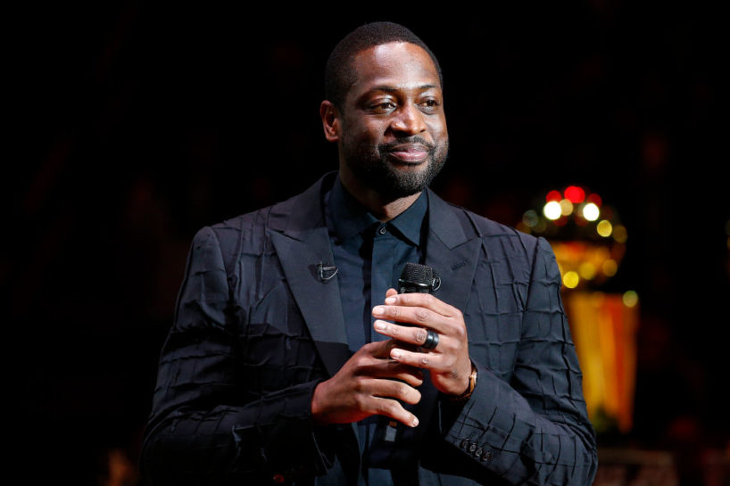 MIAMI, FLORIDA - FEBRUARY 22: Former Miami Heat player Dwyane Wade addresses the crowd during his jersey retirement ceremony at American Airlines Arena on February 22, 2020 in Miami, Florida. NOTE TO USER: User expressly acknowledges and agrees that, by downloading and/or using this photograph, user is consenting to the terms and conditions of the Getty Images License Agreement.