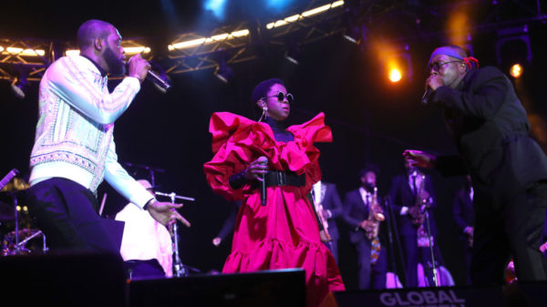NEW YORK, NEW YORK - SEPTEMBER 22: Pras, Lauryn Hill and Wyclef Jean of The Fugees perform at Global Citizen Live at Pier 17 on September 22, 2021 in New York City.