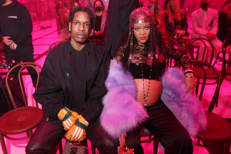 MILAN, ITALY - FEBRUARY 25: Asap Rocky and Rihanna are seen at the Gucci show during Milan Fashion Week Fall/Winter 2022/23 on February 25, 2022 in Milan, Italy.
