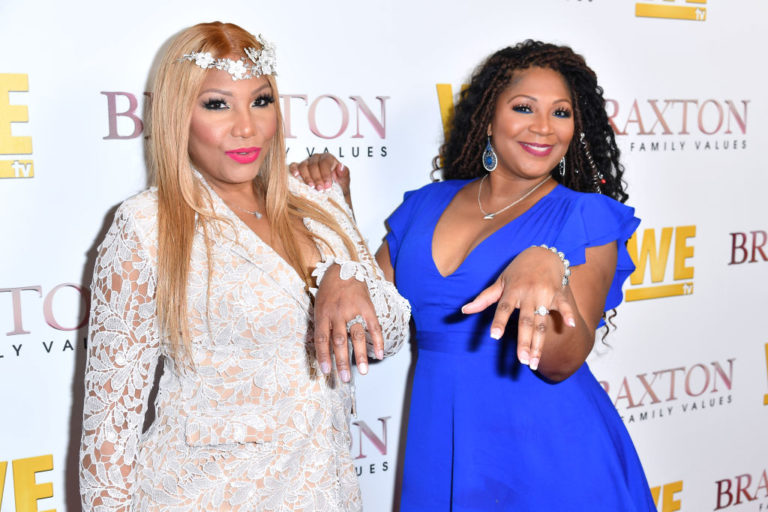 WEST HOLLYWOOD, CALIFORNIA - APRIL 02: (L-R) Trina Braxton and Traci Braxton are seen as We TV celebrates the premiere of "Braxton Family Values" at Doheny Room on April 02, 2019 in West Hollywood, California.