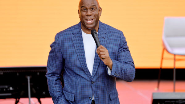 LOS ANGELES, CALIFORNIA - JUNE 13: Magic Johnson speaks during When We All Vote Inaugural Culture Of Democracy Summit on June 13, 2022 in Los Angeles, California.