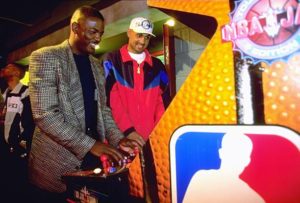 Joe Dumars (L) and Grant Hill (R) playing NBA JAM video game at Joe Dumars' Fieldhouse. Detroit, MI 3/11/1995 CREDIT: Manny Millan (Photo by Manny Millan /Sports Illustrated via Getty Images/Getty 