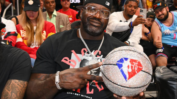 Shaquille O'Neal attends Game Three of the Eastern Conference First Round between the Miami Heat and the Atlanta Hawks at State Farm Arena on April 22, 2022 in Atlanta,